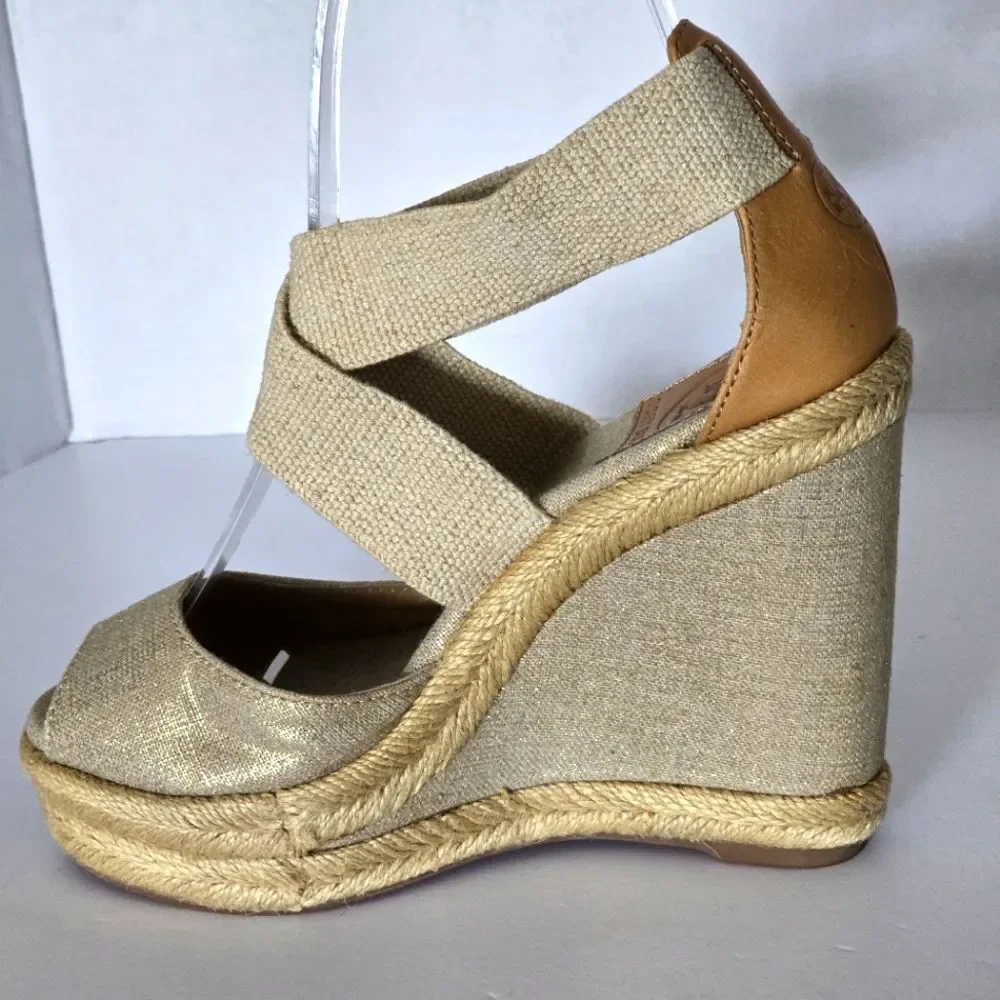 Tory Burch Kate Linen Espadrille Natural Gold Wedge Size 6